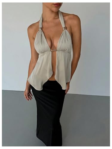 MakeMeChic Women's Satin Halter Tops Metal Ring Tie Open Back Asymmetrical Ruffle Tank Tops4