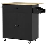 HOMCOM Isla de Cocina con ala Abatible Carrito de Cocina Mueble Auxiliar de Cocina con Ruedas 2 Puertas Cajón Especiero Toallero y Estante Ajustable 106x42x87 cm Negro y Roble