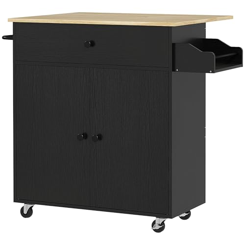 HOMCOM Isla de Cocina con ala Abatible Carrito de Cocina Mueble Auxiliar de Cocina con Ruedas 2 Puertas Cajón Especiero Toallero y Estante Ajustable 106x42x87 cm Negro y Roble