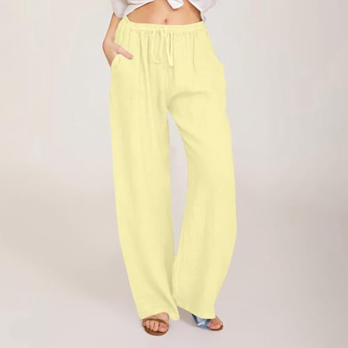 Linen Pants Women Summer Wide Leg Pants Drawstring Elastic Waist Pants High Waisted Lounge Pants Casual Beach Trousers2