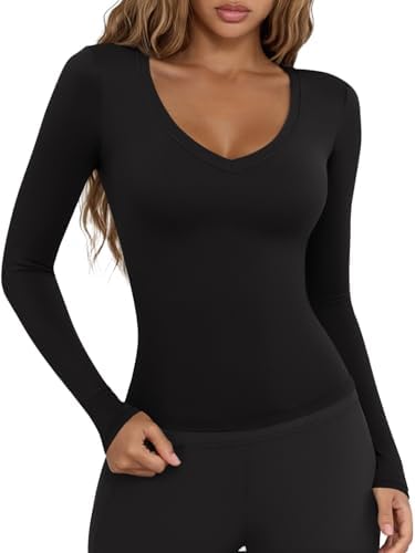 LASLULU Womens Long Sleeve Sexy V Neck T Shirts Basic Workout Tops Athletic Yoga Casual Crop Top