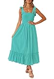 ZESICA Women's Summer Boho Spaghetti Strap Square Neck Solid Color Ruffle A Line Beach Long Maxi...