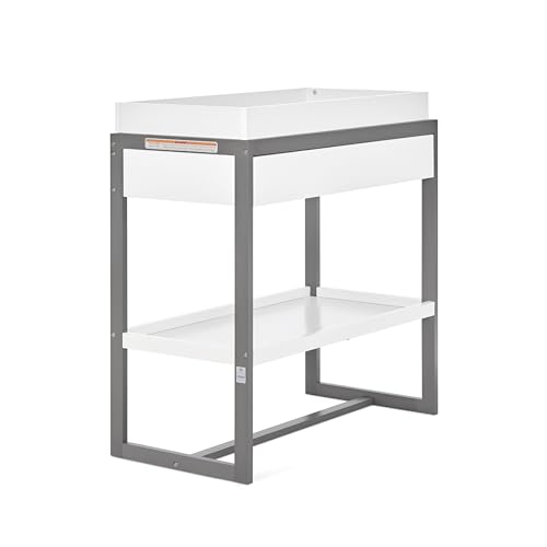 Image of Dream On Me Arlo Changing Table with Pad & Safety Strap - Steel Grey | Solid New Zealand Pinewood, Non-Toxic Finish, Spacious Fixed Storage Shelf for Diapers, Water-Resistant 1 inch Pad
