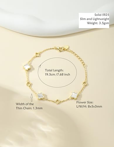 Sterling Silver 14K Gold-Plated Clover Bracelet with Mother of Pearl Four-Leaf Charm, Good Luck Gift for Women3