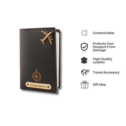 Image of AICA Personalised Name & Charm Leather Passport Cover Holder for Men & Women (Black)