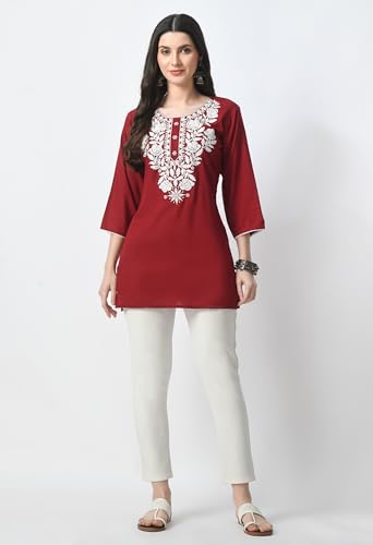 Image of LIBOZA Kurti for Women - Short Chikankari Kurtis for Girls, Lakhnawi Tunic Top Kurta Design for Ladies, Woman Ethnic Kurthis & Shirt with Sleeve