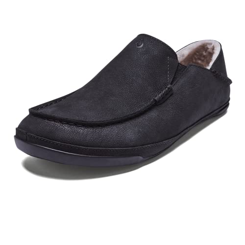 OluKai Kipuka Hulu Men's Leather Slippers, Premium Nubuck Leather Slip On Shoes, Shearling Lining & Gel Insert, Drop-In Heel Design
