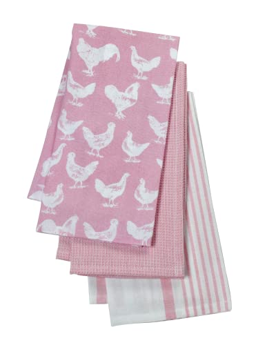 Pink Pantry Set Of 3 Hen & Cockerel Tea Towels 45 X65Cm, White, 45 cm x 65 cm