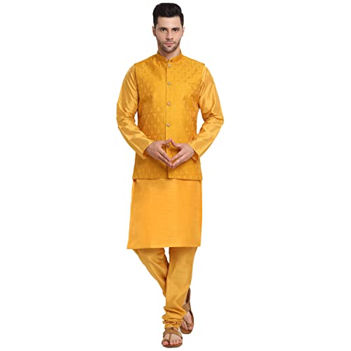 Image of KRAFT INDIA Mens Gold Silk Blend Kurta and Churidar Set With Jacquard Paisley Nehru Jacket