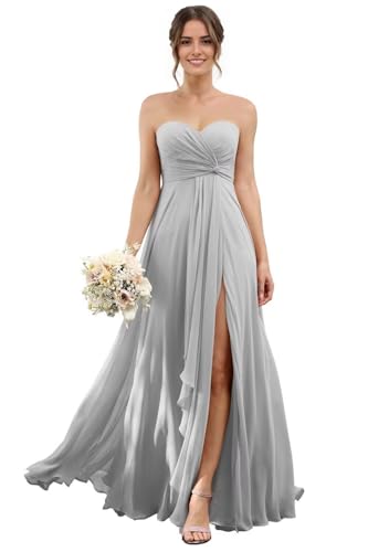 Xunvxun Long Chiffon Bridesmaid Dress for Women Sweetheart Pleated Silver Prom Dress with Slit for...