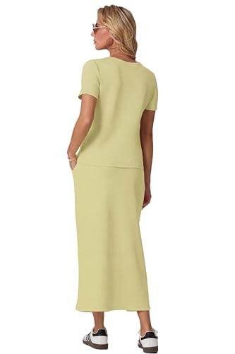 Image of GRECERELLE Women Summer Casual 2 Piece Sets V-Neck Wrinkle-Free Top & Elastic Waist Midi Side Slit Skirt with Pockets
