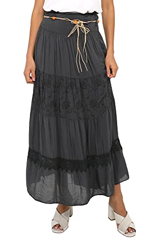 jowiha Falda larga de verano para mujer, con encaje y bordado, viscosa, boho, con cinturón, S/M, 90 cm, gris, S-M Cover