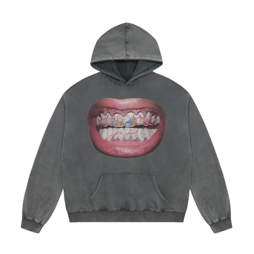 Cactus Pack Men's 3D Graphic Tooth Print Hooded Oversized Pure Cotton Vintage Featuring Front Pocket Long Sleeves Grey