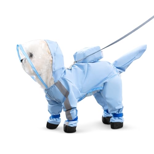 Pawster 犬用 レインウェア 四脚一体型 雨具 防水 反射テープ付き リード取付リング ミニポーチ付 犬 レインコート 春夏秋冬対応 (ブルー（しっぽ穴あり）, XL)