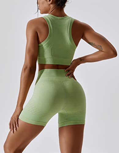 Abociw Workout Sets For Women Seamless Racerback Sport Bra Padded Yoga Tank Tops Tummy Control High Waist Biker Shorts Gym Yoga 2 Piece Outfits Light Green Medium #TOP1
