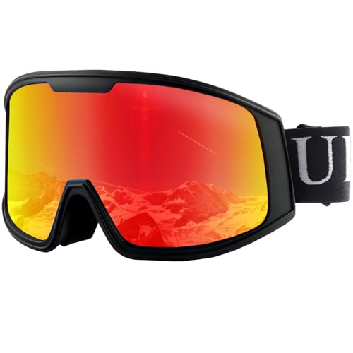 Ukoly Ski/Snowboard Goggles for Men Women, Snow Goggles HD Lens Anti-Fog Coating OTG Design UV400 Protection Windproof (Black Frame Revo Red HD Lens)