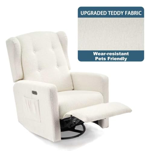 Image of Ketaiyou Power Swivel Rocking Recliner Chair, High Back Electric Rocker Nursery Glider Chair, USB and Type-C Ports, Upholstered Teddy Fabric Reclining Single Sofa Chair for Living Room (Teddy Beige)
