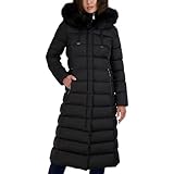 TAHARI Women's Maxi Puffer Coat, Attached Bib, Faux Fur Hood Trim, Hand Warmer Pockets, Long Puffer Coat, Black, X-Small