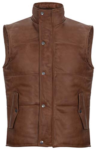 Men's Tan Leather Puffer Padded Vest Waistcoat