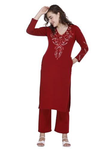 Image of Rosary Women's Woolen Winter Embroidered Kurta with Palazzo Pant | Warm Ethnic Suit Set - 2 Piece Outfit