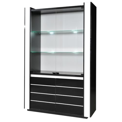Vitrine argentier vaisselier LINA + LED noir/blanc