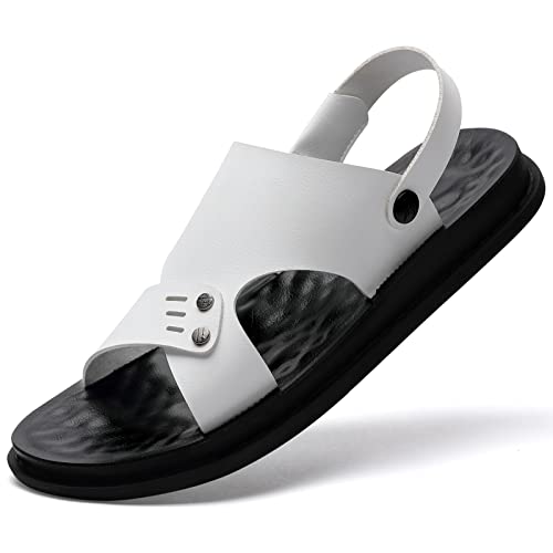 Huohuli Men's Sandals Comfort Leather Sandals For Men Outdoor Anti-Skidding Casual Sandals White&Black 46 #TOP30