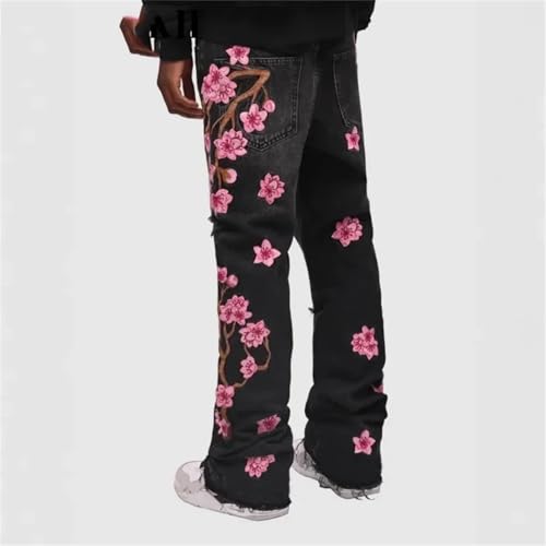 Men’s Light Blue Embroidered Streetwear Jeans - Straight Leg Ripped Graphic 5