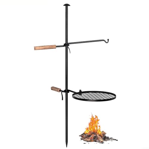 Barbecue Grill, Heavy Duty for 360 Degrees Swivel Campfire Cooking Grills Grate with Wooden Handles Over Fire-Pit BBQ Stand Pot Rack (1 set)