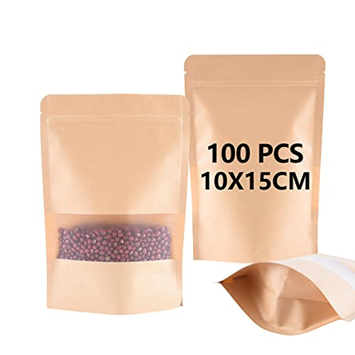 BaoWnylz 100pcs Kraft Paper Bag with Window(10x15x3.5cm), Resealable Stand up Pouch, Waterproof and Moisture-Proof, Reusable, Suitable for Dried Fruit Coffee Tea Seeds
