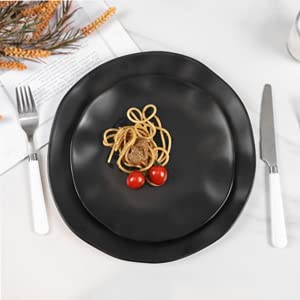 Irregular Melamine Dinnerware Sets-12 Piece Plates And Bowls Sets,Indoors And Outdoors Dinnerware,Service For 4,Dishwasher Safe,Black #TOP2