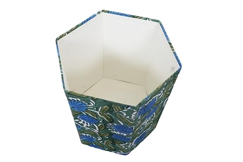 Image of Generic 3.3 Gallon Cotton Hand Block Printed Paper Waste Basket |Small Decorative Trash Can for Housewarming Gifts in Living Room, Bedroom, Bathroom | Eco-Friendly, Plastic-Free (1, D. GREEN & BLUE)