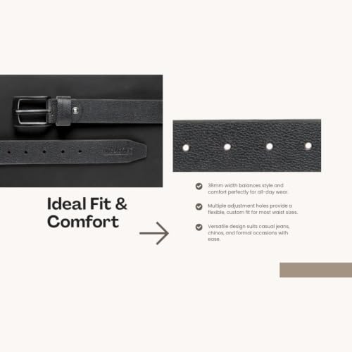 Image of MISTERCRAFT Men's Genuine Leather Casual Belt |Black Handed Milled Textured | Durable Pin Buckle | Adjustable Waist | Ideal for Jeans, Chinos & Formal Wear | Gift for Men