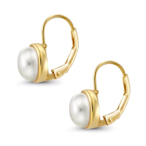 14k Gold Plated 925 Sterling Silver Dainty Drop Earrings with 7mm White Pearls, Freshwater Cultured Pearl Leverback Earrings for Women, Classic Hypoallergenic Jewelry Gift for Mom2