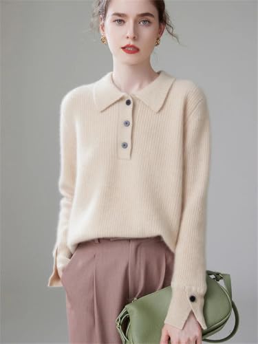 100% Cashmere Button Fly Polo Sweater Womens Long Sleeve Pullover Jacket Solid Knitted Jumper Tops3