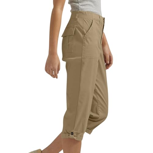 Dressy Capri Pants for Women Button Elastic Waist Capris Chino Pants Summer Knee Length Bermuda Shorts with Pockets3