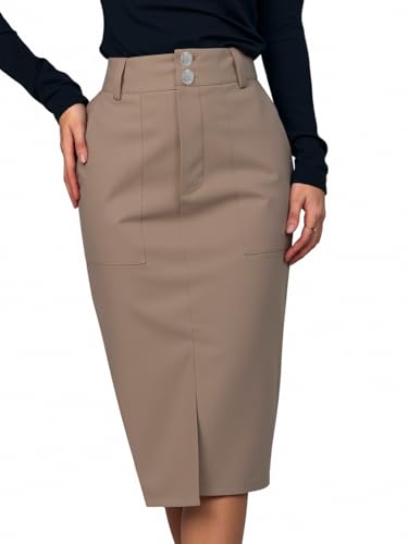 Women's Bodycon Midi Skirt Elegant High Waisted Split Hem Dressy Casual Skirts with Pockets