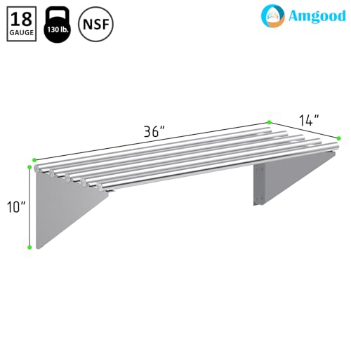 Image of AmGood 14 in. x 36 in. NSF Stainless Steel Tubular Wall Shelf | Heavy-Duty Metal Shelving for Appliances & Equipment | Ideal for Kitchen, Restaurant, Garage, Laundry, Utility Room