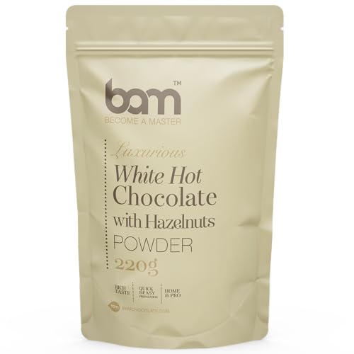 BAM Chocolate en Polvo - Preparación para Chocolate Caliente Cremoso en Polvo, con Cuchara Dosificadora - 220 g, 7 Tazas, Blanco Avellana