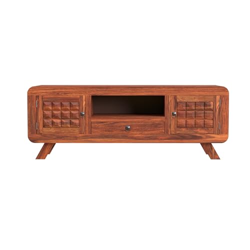 Image of Sheesham Wood Entertainment Tv Unit for Living Room | Free Standing Media Console Movable Tv Cabinet Sideboard | Tv Table Side Board with 2 Doors, 1 Drawer & Open Shelf Storage | Honey