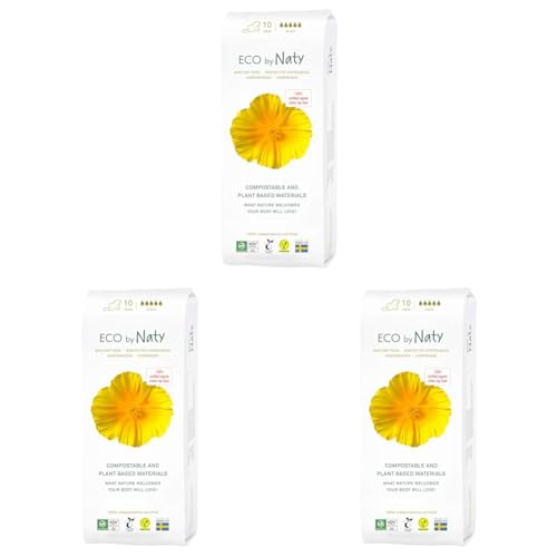 Image of Eco by Naty Sanitary Pads - Plantbased and Absorbent Sanitary Pads for Women, Organic Cotton Menstrual Product, Better for Feminine Health (Night, 10 Count) (Pack of 3)