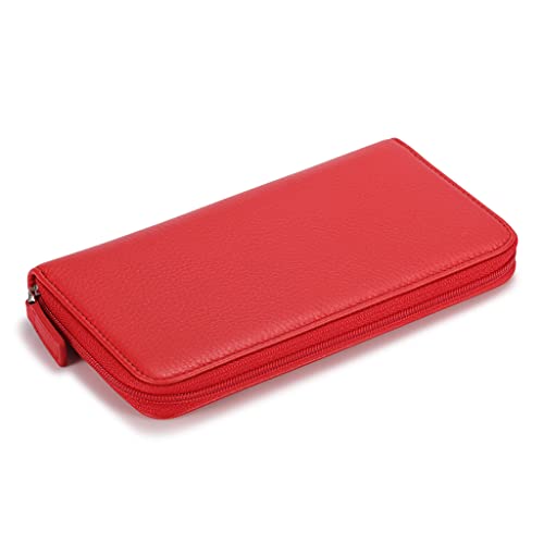 Image of HISCOW Leather Checkbook Cover, Zippered Wallet, Pebbled Red | Full grain cowhide, 5cc & ID window, personal check book & register pockets, removable duplicate divider, women secure zipper