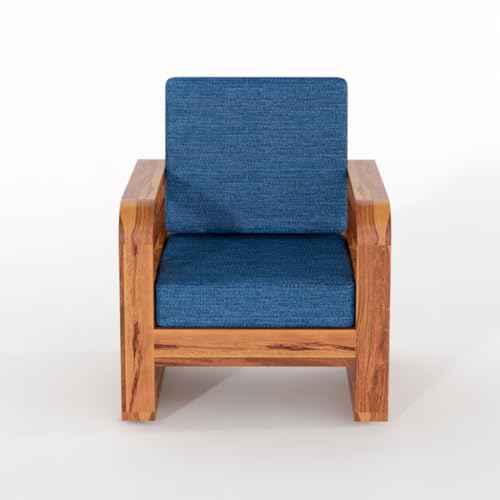 Image of Solid Sheesham Wooden 1 Seater Sofa for Living Room | Sofa with Side Pocket Storage & Cushion | Rosewood Sofa Set for Home (Honey with Blue Cushion, 1 Seater)