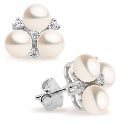 Women Pearl Stud Earrings with Three Fresh Water Cultured Pearls Button Shape 4-5 mm by Secret & You | Sterling Silver 925 Mounts with big nuts.