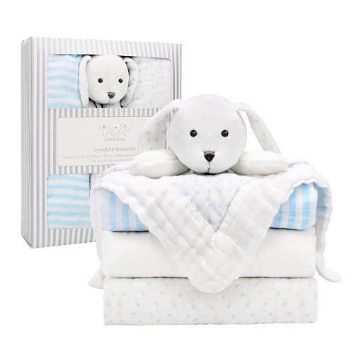 Kiki & Anna Muslin Swaddle Blankets, 4 Pack(3 Swaddle Blankets + 1 Security Blanket), 47