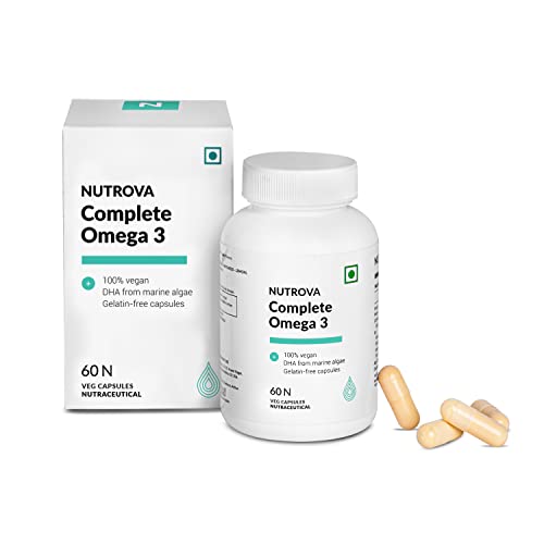 NUTROVA Complete Omega 3 Vegan and Gelatin-Free 60 capsules with Marine Algal Extract Containing 17% vegan-sourced DHA – Supports Cardio Health, Skin & Hair etc – Ideal for Vegans & Vegetarians NUTROVA Complete Omega 3 Vegan and Gelatin-Free 60 capsules with Marine Algal Extract Containing 17% vegan-sourced DHA – Supports Cardio Health, Skin & Hair etc – Ideal for Vegans & Vegetarians