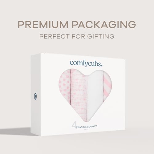 Image of Comfy Cubs Muslin Swaddle Blankets Pack of 4, 47 x 47 Inches, Soft Cotton Baby Blanket Set, Large Multipurpose Swaddling Wraps for Newborns - Self-Soothing Swaddle - Pink