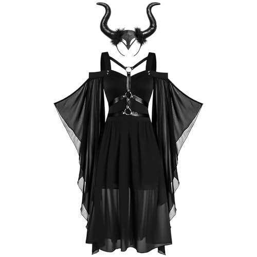 HERMORRYSS Gothic Kleid Damen, Hexenkostüm Damen, Halloween Kostüm Damens mit Hörner Kopfschmuck und Trompetenärmeln, Schwarzes Renaissance...