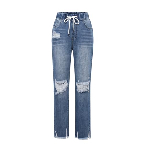 Women's Drawstring Elastic High Waist Skinny Jeans Stretch Embossed Rough Side Leg Jeans