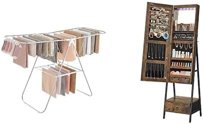 SONGMICS Clothes Drying Rack, LED Jewelry Cabinet Standing with Full-Length Mirror, ULLR052W01 and UJJC25X01