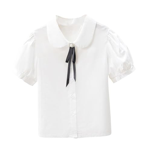 Girls White Blouse Button Down Shirts Puff Short Sleeve Princess Bowknot School Uniform Tops